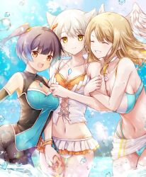 Rule 34 | 3girls, animal ears, arm hug, blue eyes, breast tattoo, breasts, brown hair, cat ears, chest jewel, covered navel, eunie (xenoblade), feathered wings, fiery hair, glowing lines, grey hair, head wings, highres, holding hands, large breasts, looking at viewer, medium breasts, medium hair, mio (xenoblade), multiple girls, navel, official alternate costume, sena (xenoblade), short hair, side ponytail, smile, stomach, swimsuit, tattoo, thigh gap, ui frara, wings, xenoblade chronicles (series), xenoblade chronicles 3