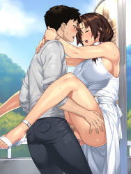 Rule 34 | 1boy, 1girl, 23 (real xxiii), absurdres, ass, bare arms, bare shoulders, blush, bracelet, breasts, brown hair, bus stop, censored, clothed sex, cloud, collared dress, day, dress, closed eyes, feet, from side, groin, hair over shoulder, head hug, hetero, highres, hill, inaka no onee-chan to hito natsu docha ero icha love sex, jewelry, large breasts, legs, long hair, looking at another, low ponytail, mosaic censoring, no panties, open mouth, original, outdoors, penis, ponytail, pussy, sandals, sex, sky, sleeveless, sleeveless dress, standing, suspended congress, thighs, toes, tree, vaginal, white dress