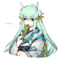 Rule 34 | 1girl, aqua kimono, black eyes, chuzenji, commentary request, cropped torso, cursive, fate/grand order, fate (series), folding fan, green hair, hand fan, horns, japanese clothes, kimono, kiyohime (fate), long hair, long sleeves, looking at viewer, simple background, solo, twitter username, upper body, white background