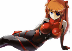 Rule 34 | 10s, 1girl, alternate breast size, backlighting, bad id, bad pixiv id, blue eyes, breasts, evangelion: 3.0 you can (not) redo, eyepatch, hair between eyes, hand on own thigh, interface headset, long hair, looking at viewer, mocchisake, neon genesis evangelion, orange hair, plugsuit, rebuild of evangelion, simple background, smile, solo, souryuu asuka langley, thighs, white background