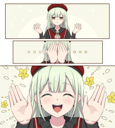 1girl ^_^ anglediana ascot bang_dream! bang_dream!_it&#039;s_mygo!!!!! beret black_capelet blush capelet chinese_commentary closed_eyes closed_mouth collarbone commentary_request earrings green_brooch green_hair hands_on_own_face hat highres jewelry long_hair long_sleeves mortis_(bang_dream!) open_mouth red_hat smile teeth upper_teeth_only wakaba_mutsumi white_ascot yellow_eyes