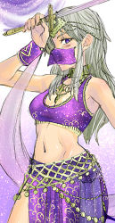 Rule 34 | 1girl, arabian clothes, blue eyes, bracelet, breasts, cleavage, dancer, grey hair, harem outfit, holding, holding sword, holding weapon, jewelry, long hair, lots of jewelry, midriff, mouth veil, navel, nekoguchi, purple eyes, solo, sword, veil, weapon