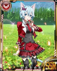 Rule 34 | 10s, 1girl, animal ears, black ribbon, black shorts, black thighhighs, blue eyes, blue hair, card (medium), cat ears, cat tail, day, food, frilled skirt, frills, fruit, gothic lolita, hair between eyes, hair ribbon, holding, holding food, holding fruit, jacket, layered skirt, lolita fashion, looking at viewer, matching hair/eyes, necktie, open clothes, open jacket, open mouth, outdoors, red jacket, red necktie, red skirt, ribbon, short hair with long locks, short necktie, shorts, sidelocks, sinon, sinon (sao-alo), skirt, solo, star (symbol), sword art online, tail, thighhighs