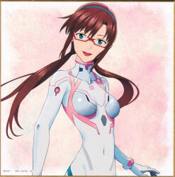 Rule 34 | 1girl, :d, absurdres, artist request, asymmetrical bangs, blue eyes, bodysuit, breasts, brown hair, covered navel, evangelion: 3.0+1.0 thrice upon a time, glasses, hairband, happy, headband, highres, long hair, looking at viewer, makinami mari illustrious, medium breasts, neon genesis evangelion, official alternate costume, official art, open mouth, pilot suit, plugsuit, rebuild of evangelion, red-framed eyewear, scan, simple background, smile, solo, standing, teeth, twintails, upper teeth only, white bodysuit