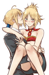Rule 34 | 2girls, absurdres, ahoge, arm around shoulder, artoria pendragon (all), artoria pendragon (fate), bare shoulders, blonde hair, blue ribbon, blue shorts, blush, bra, braid, carrying, carrying person, closed eyes, collared shirt, fate/grand order, fate (series), formal, french braid, green eyes, hair ribbon, high ponytail, highres, incest, kiss, long sleeves, looking away, mordred (fate), mordred (fate/apocrypha), mother and daughter, multiple girls, red bra, ribbon, saber (fate), shirt, short hair, shorts, simple background, sleeveless, suit, tetsumoru, tsurime, underwear, white background, yuri