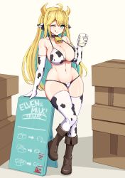 Rule 34 | 1girl, ;q, animal ears, animal print, aqua eyes, bad id, bell, bikini, blonde hair, blush, boots, box, breasts, cardboard box, cleavage, collar, cow ears, cow girl, cow horns, cow print, cow print bikini, cowbell, cup, drinking glass, ear tag, elbow gloves, elf, elven forest maker, elven forest maker (last origin), gloves, groin, highres, horns, large breasts, last origin, leg up, long hair, looking at viewer, manme, milk, navel, neck bell, one eye closed, pointy ears, print bikini, smile, solo, suggestive breast milk, suggestive lactation, swimsuit, thighhighs, tongue, tongue out