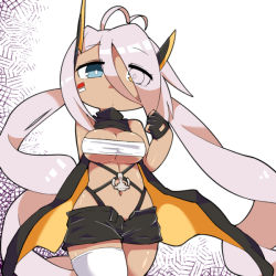 Rule 34 | 1girl, ahoge, anchor, azur lane, bandeau, bare shoulders, black gloves, black shorts, blue eyes, breasts, bright pupils, cleavage, closed mouth, cowboy shot, dark-skinned female, dark skin, eyebrows, eyes visible through hair, facepaint, gloves, hair between eyes, headgear, heart, heart ahoge, heterochromia, indianapolis (azur lane), long hair, medium breasts, midriff, navel, odabuts, open fly, partially fingerless gloves, shorts, single thighhigh, skindentation, solo, standing, stomach, strapless, thighhighs, tube top, turtleneck, twintails, underboob, very long hair, white pupils, white thighhighs, yellow eyes, zettai ryouiki