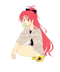 Rule 34 | 10s, 1girl, bow, blowing bubbles, casual, chewing gum, hair bow, jacket, jewelry, long hair, mahou shoujo madoka magica, mahou shoujo madoka magica (anime), mizuki (flowerlanguage), ponytail, red eyes, red hair, ring, sakura kyoko, simple background, solo, squatting, white background