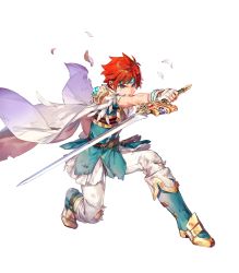Rule 34 | 1boy, alternate costume, belt, blue eyes, boots, cape, feathers, fingerless gloves, fire emblem, fire emblem: the binding blade, fire emblem heroes, full body, gloves, headband, highres, injury, male focus, nintendo, official art, red hair, roy (fire emblem), solo, sword, teeth, torn clothes, transparent background, weapon