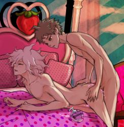 Rule 34 | 2boys, anal, ass, bent over, bottle, brown eyes, brown hair, completely nude, danganronpa (series), danganronpa 2: goodbye despair, food, from side, fruit, grey hair, hinata hajime, komaeda nagito, lying, male focus, male penetrated, messy hair, multiple boys, nude, on stomach, open mouth, penis, pillow, polka dot pillow, saliva, sex, sex from behind, short hair, strawberry, teeth, yandr4hope, yaoi