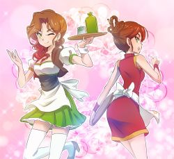 Rule 34 | 2girls, apron, bottle, brown hair, chinese clothes, commentary, earrings, floral background, freckles, glasses, green eyes, higanbana waitress, iesupa, jacket, jewelry, multiple girls, one eye closed, rwby, thighhighs, tray, waitress