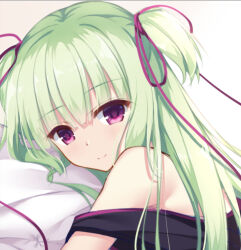 Rule 34 | 1girl, bare shoulders, blunt bangs, cariboy, close-up, closed mouth, commentary, eyelashes, eyes visible through hair, green hair, hair ribbon, hair spread out, head on pillow, long hair, long ribbon, looking at viewer, lying, murasame (senren), off shoulder, on side, purple ribbon, red eyes, ribbon, senren banka, sidelocks, smile, straight hair, symbol-only commentary, two side up, white background, yellow background