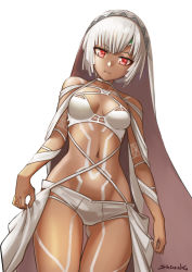 Rule 34 | 1girl, altera (fate), bare shoulders, bikini, breasts, collarbone, dark-skinned female, dark skin, fate/extella, fate/extra, fate/grand order, fate (series), full-body tattoo, highres, large breasts, looking at viewer, lostroom outfit (fate), medium breasts, navel, red eyes, shinsaku (stan-art), short hair, smile, solo, swimsuit, tattoo, thighs, veil, white bikini, white hair