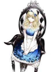 Rule 34 | 1girl, alice (alice in wonderland), alice in wonderland, blonde hair, blue dress, blue eyes, chair, dress, floral print, from above, hair ribbon, highres, own hands clasped, own hands together, pantyhose, ribbon, sitting, smile, solo, sousou (sousouworks)