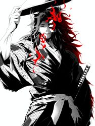 Rule 34 | 1boy, absurdres, black hair, blank eyes, chin strap, closed mouth, cowboy shot, extra eyes, fire, flipped hair, frown, hand up, hat, unworn hat, hat tip, unworn headwear, highres, holding, holding clothes, holding hat, japanese clothes, katana, kimetsu no yaiba, kimono, kokushibou, long hair, looking at viewer, male focus, monochrome, multicolored hair, ponytail, red eyes, red hair, sash, sidelocks, simple background, solo, split theme, spoilers, spot color, sword, tagimane01, toned, toned male, torn clothes, tsugikuni michikatsu, two-tone hair, very long hair, weapon