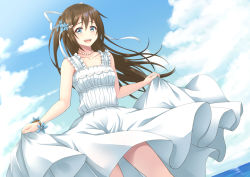 Rule 34 | 1girl, aqua eyes, artist name, artist request, bare legs, blue eyes, blue flower, blue sky, blush, bracelet, breasts, brown hair, cloud, collarbone, day, dress, female focus, floating hair, flower, flower bracelet, hair between eyes, hair flower, hair ornament, hair ribbon, half updo, holding, holding clothes, holding skirt, jewelry, long hair, looking at viewer, love live!, love live! nijigasaki high school idol club, miniskirt, necklace, ocean, osaka shizuku, outdoors, parted lips, pearl hair ornament, pearl necklace, plaid, plaid dress, plaid skirt, pleated, pleated dress, pleated skirt, ponytail, ribbon, skirt, sky, sleeveless, sleeveless dress, smile, solo, wavy hair, white dress, white ribbon, white skirt