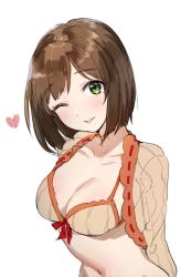 Rule 34 | 1girl, arms behind back, bikini, bikini top only, blush, breasts, brown hair, collarbone, commentary request, green eyes, heart, idolmaster, idolmaster cinderella girls, looking at viewer, maekawa miku, medium breasts, navel, one eye closed, short hair, sketch, solo, swimsuit, takeashiro, tongue, tongue out, upper body, white background