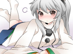 Rule 34 | 1girl, bad id, bad pixiv id, blush, breasts, brown eyes, female focus, hammer (sunset beach), hat, large breasts, legs up, long hair, long sleeves, looking at viewer, lying, mononobe no futo, no shoes, on stomach, ponytail, shirt, silver hair, skirt, socks, solo, the pose, touhou, white socks, wide sleeves