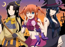 Rule 34 | 3girls, bare arms, black hair, blue eyes, blue hair, blunt bangs, bow, breasts, brown eyes, candy, cleavage, crescent moon, d8jbk, dress, earrings, female focus, food, gintama, halloween costume, hat, highres, imai nobume, jewelry, kagura (gintama), large breasts, lollipop, long hair, midriff, mini hat, moon, multiple girls, navel, one eye closed, short twintails, sidelocks, skirt, small breasts, tokugawa soyo, twintails, wide sleeves, witch hat