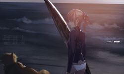 Rule 34 | 1girl, alternate costume, ass, beach, bikini, blue eyes, casual, clothes writing, dog, from behind, girls&#039; frontline, hair between eyes, hair ornament, holding, holding surfboard, lin+, long hair, looking at viewer, multicolored hair, ocean, parted lips, pink hair, ponytail, rash guard, sand, scarf, sidelocks, st ar-15 (girls&#039; frontline), streaked hair, sunset, surfboard, swimsuit, text focus, thighs, water, waves, white bikini