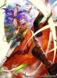 Rule 34 | 1girl, :d, ahoge, armpits, bare shoulders, boots, copyright name, elbow gloves, fire emblem, fire emblem: path of radiance, fire emblem cipher, gloves, green eyes, hairband, long hair, mayo (becky2006), mia (fire emblem), nintendo, official art, open mouth, purple hair, sleeveless, smile, solo, sword, thigh boots, thighhighs, weapon, white gloves