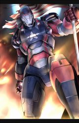 Rule 34 | 1boy, american flag, arm at side, armor, bodysuit, flag, from below, glowing, gomi kushige, holding, iron man (series), iron patriot, james rhodes, letterboxed, looking at viewer, male focus, marvel, power armor, solo, standing, war machine