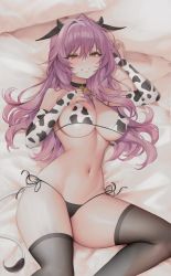 Rule 34 | 1girl, ahoge, animal ears, animal print, bare shoulders, bell, black choker, black panties, black thighhighs, breasts, bridal gauntlets, choker, cleavage, commentary, contrapposto, covered erect nipples, cow ears, cow girl, cow print, cow tail, dot nose, english commentary, grin, groin, hair between eyes, hand on own chest, knee up, large breasts, light blush, long hair, lying, messy hair, navel, neck bell, on back, original, panties, pink hair, purple hair, red eyes, shiny skin, side-tie panties, smile, solo, tail, thick eyelashes, thighhighs, thighs, underwear, whois
