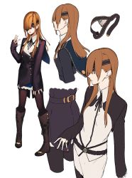 Rule 34 | 1girl, black pantyhose, blue eyes, boots, capelet, character sheet, collared shirt, cropped torso, eyepatch, fate/grand order, fate (series), from side, hair over one eye, knee boots, la-na, light brown hair, long hair, miniskirt, multiple views, one eye covered, ophelia phamrsolone, pantyhose, pencil skirt, shirt, simple background, skirt, sleeves past wrists, unworn eyepatch, white background