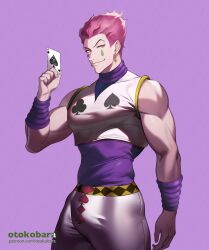Rule 34 | 1boy, ace (playing card), ace of spades, bara, bulge, card, facepaint, hair slicked back, highres, hisoka morow, hunter x hunter, large pectorals, looking at viewer, male focus, muscular, muscular male, otokobara, paid reward available, pectorals, playing card, red hair, seductive smile, shirt, short hair, sleeveless, sleeveless shirt, smile, solo, spade (shape), teardrop facial mark, thighs, tight clothes