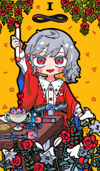 1girl black_outline blue_flower blush_stickers candle card_(medium) circle coin colored_eyelashes cup dot_nose fire flower grey_hair headband highres holding medium_hair open_mouth original outline pink_flower red_eyes red_flower red_robe robe smile snake snake_wrapped_around_body solo sword table tarot tarot_(medium) terada_tera thick_outlines triangle weapon white_flower white_headband wide_sleeves x yellow_background