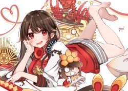 Rule 34 | 1girl, artist name, barefoot, black headwear, blush, brown hair, buster shirt, chibi, crest, family crest, fate/grand order, fate (series), hat, head rest, headphones, headphones around neck, highres, jacket, long hair, long sleeves, lying, oda nobunaga (fate), oda nobunaga (koha-ace), oda nobunaga (swimsuit berserker) (fate), oda nobunaga (swimsuit berserker) (first ascension) (fate), oda uri, on stomach, open clothes, open jacket, open mouth, peaked cap, red eyes, red jacket, red shirt, shirt, skeleton, skirt, striped clothes, striped skirt, unworn headwear, very long hair, yui (tamagohan)
