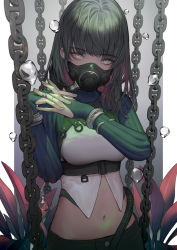 Rule 34 | 1girl, air bubble, bracelet, bubble, chain, fingernails, gradient background, green hair, jewelry, long hair, mask, mgg (x arte), mouth mask, multicolored hair, navel, original, own hands together, plant, purple pupils, red hair, ring, rust, solo, tube, white eyes