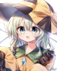 Rule 34 | 1girl, absurdres, artist name, backlighting, black hat, blouse, blurry, blush, bow, collarbone, collared shirt, commentary, frilled shirt collar, frilled sleeves, frills, green eyes, green hair, green sailor collar, hair between eyes, happy, hat, hat bow, hat ribbon, heart, heart of string, highres, komeiji koishi, large hat, long sleeves, looking at viewer, medium hair, open mouth, pudding (skymint 028), ribbon, sailor collar, shirt, simple background, sleeves past fingers, sleeves past wrists, smile, solo, touhou, upper body, white background, wide sleeves, yellow bow, yellow ribbon, yellow shirt