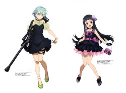 Rule 34 | 2girls, absurdres, anklet, anti-materiel rifle, bag, bare legs, black choker, black dress, black footwear, black gloves, black hair, blue hair, blue nails, blunt bangs, bolt action, bracelet, bullet, character name, choker, collarbone, cross, cross necklace, dress, floating hair, full body, gloves, green footwear, gun, handbag, highres, hime cut, holding, holding bag, holding bullet, holding gun, holding weapon, jewelry, layered dress, long hair, multiple girls, nail polish, necklace, pgm hecate ii, rifle, short dress, short hair, simple background, sinon, sleeveless, sleeveless dress, sniper rifle, standing, sword art online, thigh strap, very long hair, weapon, white background, yui (sao)