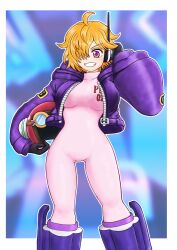 Rule 34 | 1girl, artist request, bodysuit, boots, breasts, curvy, feet out of frame, gloves, grin, hair over one eye, helmet, high heel boots, high heels, highres, holding, holding helmet, jacket, large breasts, looking at viewer, one piece, orange hair, pink bodysuit, pink eyes, purple jacket, shiny clothes, simple background, smile, vegapunk lilith, wide hips