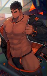 Rule 34 | 1boy, abs, absurdres, bara, bare pectorals, black hair, black jacket, black male underwear, bulge, clothes pull, cowboy shot, crow (siranui), dark-skinned male, dark skin, erection, erection under clothes, fundoshi, highres, hood, hooded jacket, jacket, japanese clothes, large pectorals, long sideburns, looking at viewer, male focus, male underwear, mature male, muscular, muscular male, navel, navel hair, nipples, open clothes, open jacket, original, pants, pants pull, pectorals, seductive smile, short hair, sideburns, smile, solo, stomach, thick thighs, thighs, topless male, track jacket, undercut, underwear, undressing, unzipped