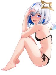 1girl amane_kanata barefoot bikini black_bikini blue_hair commentary english_commentary feet halo highres hololive knees_up legs looking_at_viewer mixed-language_commentary multicolored_hair nail_polish open_mouth p-nekoe short_hair side-tie_bikini_bottom simple_background sitting solo star_halo swimsuit toenail_polish toenails toes two-tone_hair virtual_youtuber white_background white_hair white_wings wings yellow_halo