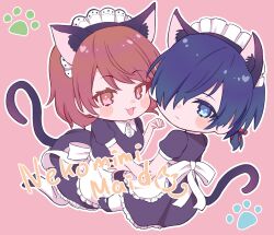 Rule 34 | 1boy, 1girl, animal ears, apron, black dress, black footwear, blue eyes, blue hair, blush stickers, brown eyes, brown hair, cat ears, cat tail, chibi, closed mouth, commentary request, crossdressing, dress, full body, hair over one eye, harumaki tokage, highres, looking at viewer, low ponytail, maid, maid apron, maid headdress, official alternate costume, open mouth, paw pose, persona, persona 3, pink background, puffy short sleeves, puffy sleeves, short hair, short sleeves, tail, takeba yukari, thighhighs, white apron, white thighhighs, yuuki makoto (persona 3)