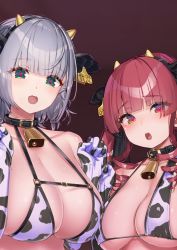 Rule 34 | 2girls, animal ears, animal print, bell, bikini, blush, breasts, cleavage, collar, collarbone, cow ears, cow horns, cow print, cowbell, drill hair, ear tag, fake ears, fake horns, green eyes, heart, heart-shaped pupils, highres, hololive, horns, houshou marine, large breasts, mole, mole on breast, multiple girls, neck bell, open mouth, oshiruko (oshiruco 212048), red hair, shirogane noel, short hair, short hair with long locks, silver hair, swimsuit, symbol-shaped pupils, twin drills, upper body, virtual youtuber, yellow eyes