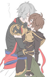 Rule 34 | 2boys, ahoge, arms at sides, blush, brown hair, cape, closed eyes, colored eyelashes, commentary request, cowboy shot, elbow gloves, fingerless gloves, gloves, granblue fantasy, green cape, hair between eyes, hood, hood down, hug, kiss, makita (homosapiensu), male focus, messy hair, multiple boys, open mouth, red eyes, red ribbon, ribbon, sandalphon (granblue fantasy), short hair, short sleeves, sketch, surprise kiss, surprised, translation request, turtleneck, white background, white hair, yaoi
