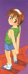Rule 34 | 1boy, absurdres, arms behind back, ass, blush, brown eyes, brown hair, child, highres, inoue hiroshi, looking back, male focus, ogami wolf, shion no yoru, shoes, shorts, smile, solo, tank top