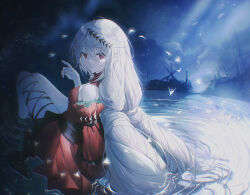 Rule 34 | 1girl, absurdres, arknights, black ribbon, commentary request, dress, grey hair, hair between eyes, hair ornament, hand up, highres, leg ribbon, long hair, long sleeves, looking at viewer, looking back, misin322, night, night sky, no headwear, off-shoulder dress, off shoulder, official alternate costume, parted lips, red dress, ribbon, ripples, skadi (arknights), skadi the corrupting heart (arknights), sky, soaking feet, solo, star (sky), starry sky, very long hair, water