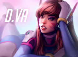 Rule 34 | 1girl, artist name, ass, blurry, bodysuit, brown eyes, brown hair, character name, d.va (overwatch), depth of field, facial mark, gloves, hand on own head, long hair, looking at viewer, lying, matching hair/eyes, on stomach, overwatch, overwatch 1, parted lips, pilot suit, realistic, solo, svetlana tigai, whisker markings, white gloves
