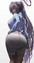 Rule 34 | 1girl, alternate costume, ass, ass focus, black hair, black pantyhose, black skirt, blue archive, blue shirt, blush, breasts, dark-skinned female, dark skin, hair intakes, halo, hand on own hip, highres, karin (blue archive), large breasts, long hair, looking at viewer, office lady, pantyhose, pencil skirt, ponytail, shirt, silver bullet (ecc12 8), simple background, skirt, smile, solo, very long hair, white background