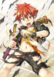 Rule 34 | 10s, 1boy, aizen kunitoshi, armor, bandaid, bandaid on face, bandaid on nose, child, daikung, groin, injury, japanese armor, male focus, no panties, open mouth, red hair, short hair, short sword, shoulder armor, sode, solo, sword, tantou, torn clothes, touken ranbu, unsheathed, weapon, yellow eyes