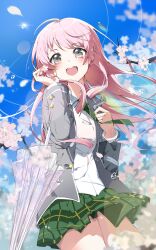 1girl absurdres bang_dream! bang_dream!_it&#039;s_mygo!!!!! blush button_gap cherry_blossoms chihaya_anon commentary diagonal-striped_clothes diagonal-striped_necktie fang green_necktie green_skirt grey_eyes grey_jacket hand_up haneoka_school_uniform highres holding holding_umbrella jacket kongzhiailian long_hair long_sleeves necktie open_clothes open_jacket open_mouth pink_hair plaid_clothes plaid_skirt pleated_skirt school_uniform shirt skirt solo striped_clothes teeth transparent transparent_umbrella umbrella upper_teeth_only white_shirt