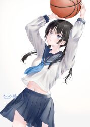 Rule 34 | 1girl, ball, basketball (object), black hair, blue eyes, blue skirt, commentary request, crop top, crop top overhang, holding, long sleeves, looking up, midriff, natsume koji, navel, neckerchief, original, parted lips, pleated skirt, sailor collar, school uniform, serafuku, shirt, simple background, skirt, solo, twintails, white background, white shirt