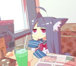 Rule 34 | 1girl, 7star, ahoge, animal ears, asymmetrical bangs, blue hair, bored, bow, bowtie, cat ears, couch, cup, drink, drinking glass, drinking straw, indoors, jitome, liquid, long hair, long sleeves, looking up, menu, red bow, red bowtie, red eyes, school uniform, serafuku, shirt, solo, table, upper body, very long hair, white shirt, window