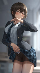 Rule 34 | 1girl, absurdres, arm up, bike shorts under skirt, black jacket, black shorts, blazer, blue necktie, blue skirt, blurry, blurry background, blush, breasts, brown eyes, brown hair, classroom, closed mouth, collared shirt, cowboy shot, depth of field, dress shirt, highres, indoors, jacket, kuro imu, large breasts, leaning forward, lifted by self, long sleeves, looking at viewer, miniskirt, necktie, open clothes, open jacket, original, plaid, plaid necktie, plaid skirt, pleated skirt, school uniform, shirt, short hair, shorts, skirt, white shirt