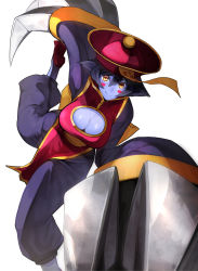 Rule 34 | 1girl, blue hair, blue skin, blush stickers, breasts, chinese clothes, claws, cleavage, cleavage cutout, clothing cutout, colored skin, flipped hair, hat, highres, jiangshi, large breasts, lei lei, nishiide kengorou, ofuda, purple hair, qingdai guanmao, short hair, smile, solo, vampire (game)